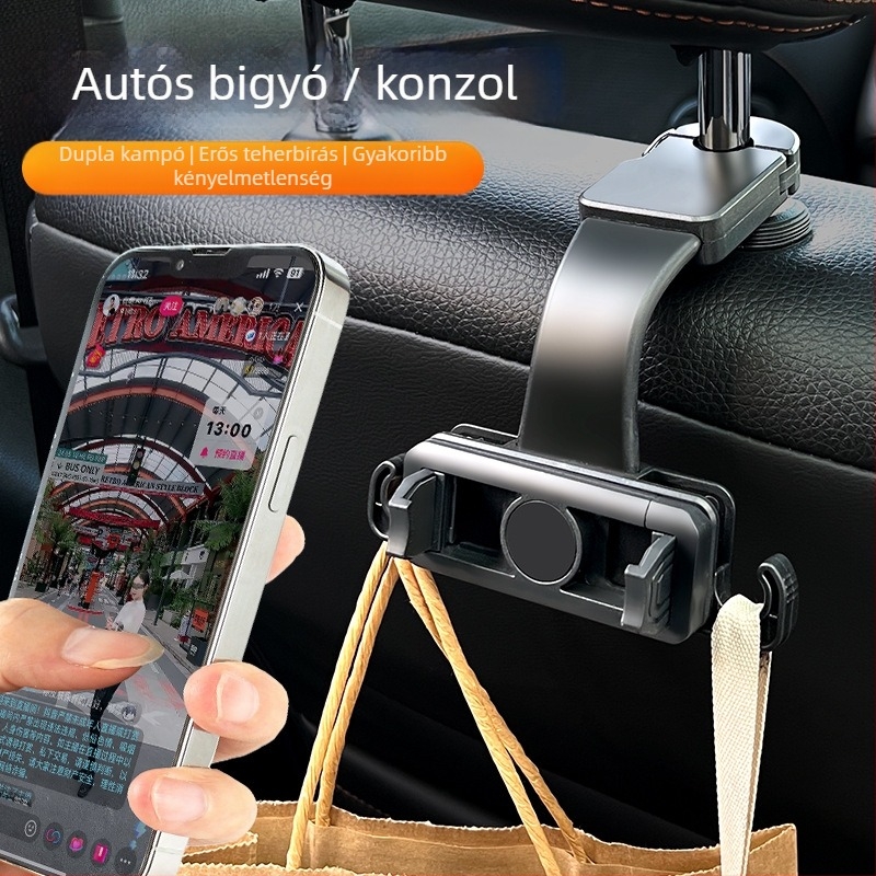 Autó hátsó ülés fejtámlájára szánt telefontartó, csatolt típusú, 360° forgás, teleszkópos, snap-on szerelés, univerzális kompatibilitás