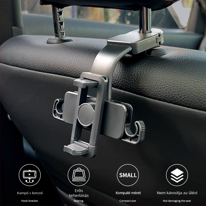 Autó hátsó ülés fejtámlájára szánt telefontartó, csatolt típusú, 360° forgás, teleszkópos, snap-on szerelés, univerzális kompatibilitás