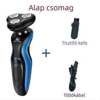 Forgó fejű három pengés elektromos borotva, feltölthető, beépített 500–800 mAh akkumulátorral, mosható, alacsony zajszint 36–45 dB