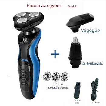 Forgó fejű három pengés elektromos borotva, feltölthető, beépített 500–800 mAh akkumulátorral, mosható, alacsony zajszint 36–45 dB