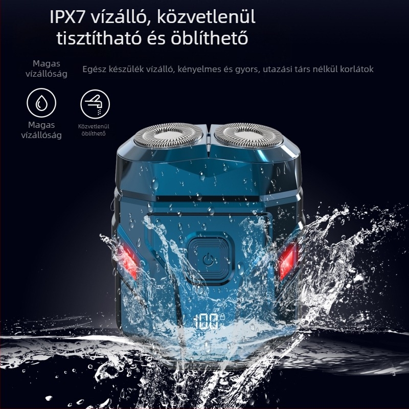 Hordozható, vízálló elektromos borotva LED-kijelzővel, forgó fejjel és két pengével, beépített akkumulátorral, akár 50 perc üzemidővel.