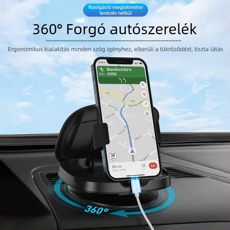 360°-os forgó autós telefon-tartó középső konzolhoz | Univerzális telefonokhoz | Modell F107 | Anyag: Műanyag