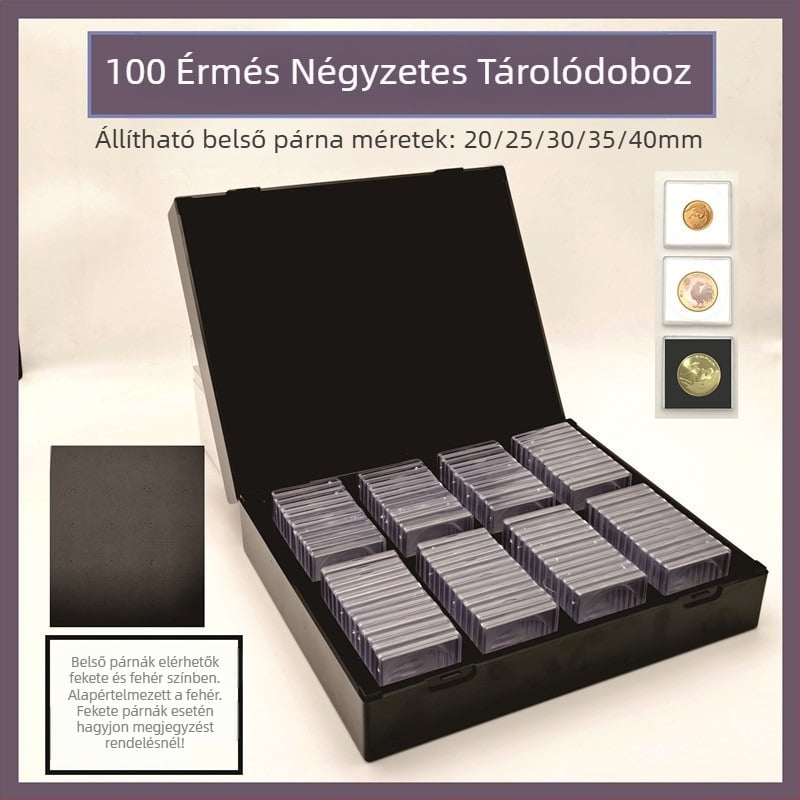 100-érmés kocka alakú érmetároló doboz integrált kialakítással és állítható belső gyűrűvel az érmék rendezéséhez; anyag PS+EVA+ABS