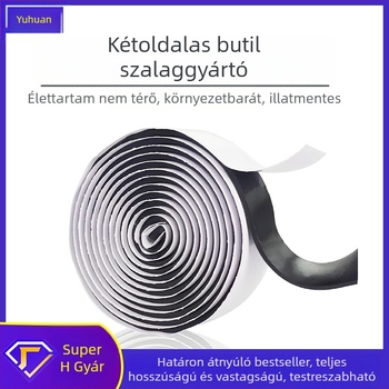 Kétoldalas butil szalag tetők és naposzobákhoz, önzáró ragasztó vízálló tömítő; butilmag, vastagság 2–3 mm, hossz 20 m, nagy viszkozitás, működési hőmérséklet 0–100°C, alkalmas tetőkre és nappaliszobákra