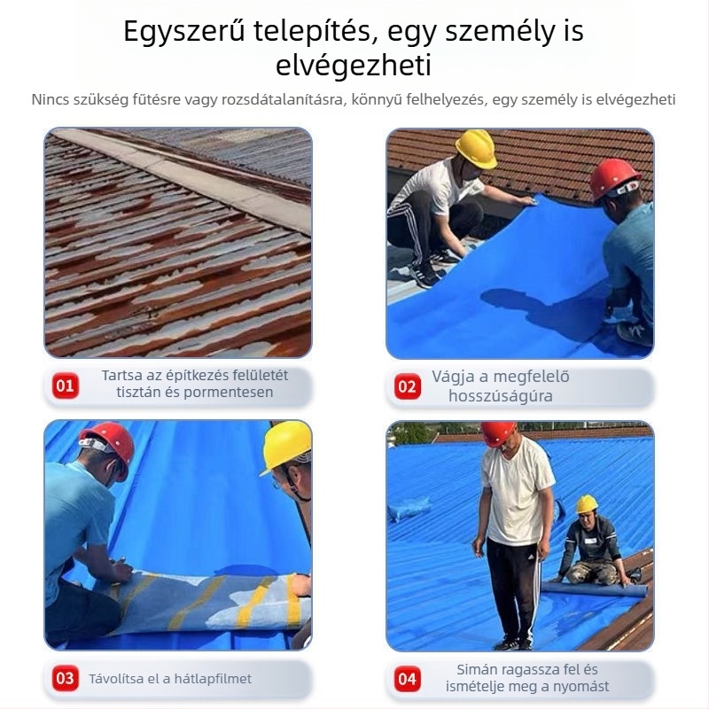 Öntapadós tetővízszigetelő membrán tetőfelújításhoz; rétegelt gum/plasztik anyag; vízálló 0,4 MPa, 2 órás impermeabilitás; konkáv-konvex felület; magas hajlítási, nyomási és szakítószilárdság.