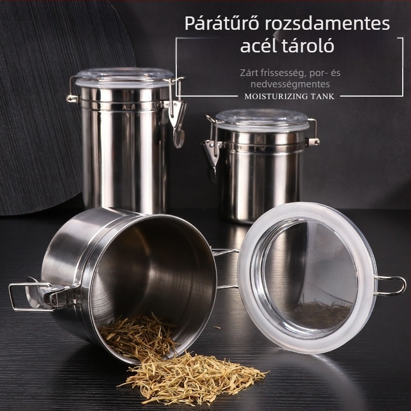 4 darabos rozsdamentes acél tárolóedény szigetelt dizájnnal, kör alakú formával, 800-1000 ml kapacitású, kifezetten kávéhoz, teához, tejporhoz és aszalt gyümölcsökhöz