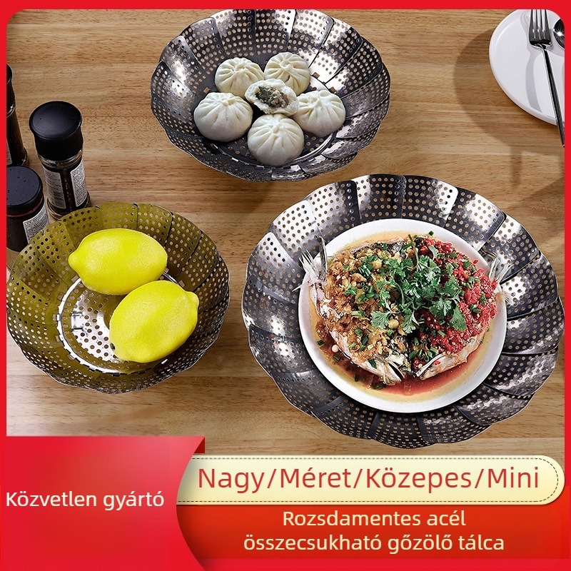 Rozsdamentes acélból készült összecsukható pároló állvány tányérral és gyümölcskosárral – 201 rozsdamentes acél, modern minimál stílus, 2022-es kiadás