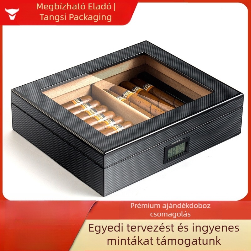TS200 cédrusfa humidor elektronikus kijelzővel és állandó hőmérséklettel, karbon szálas szivar-doboz, kapacitás 20 szivar, hordozható