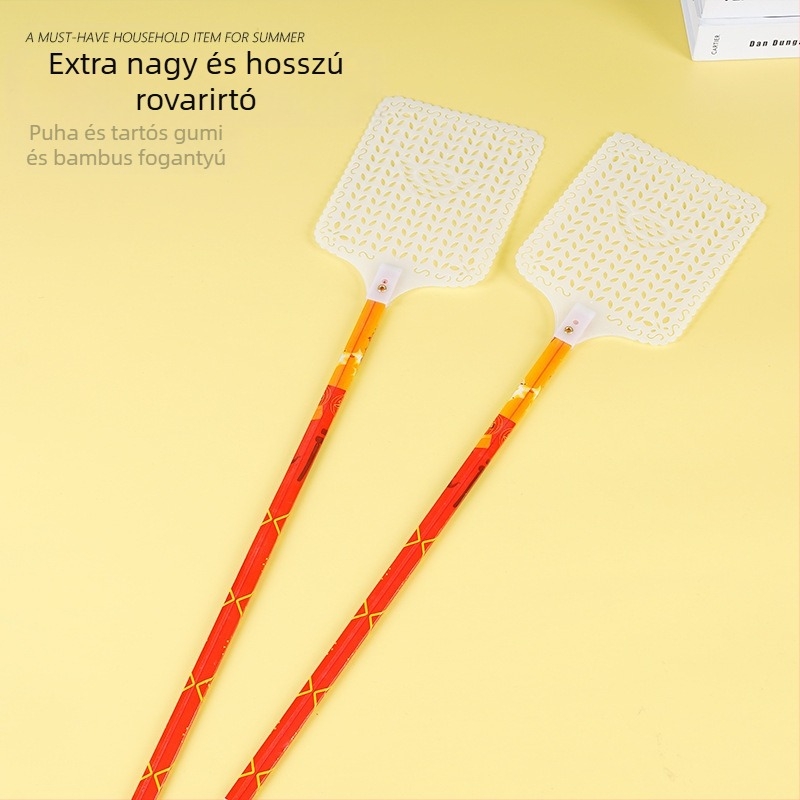 Légycsapó hosszú bambusz nyéllel, egyszerű stílusú, otthoni használatra; anyag: bambusz; célpontok: legyek, csótányok, szúnyogok; nem mérgező.