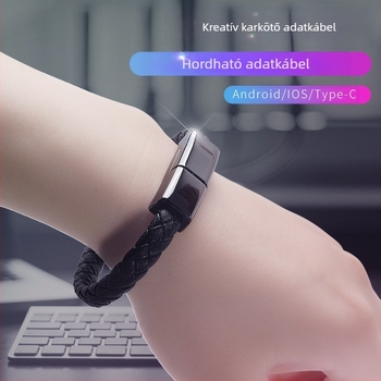 Kötött PU bőrkarkötő adatkábellel, Type-C, Micro USB és Lightning csatlakozókkal — USB töltőkábel, max. 60W