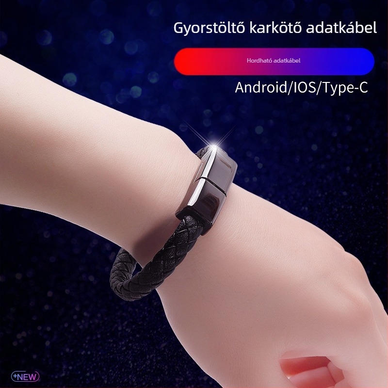 Kötött PU bőrkarkötő adatkábellel, Type-C, Micro USB és Lightning csatlakozókkal — USB töltőkábel, max. 60W