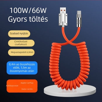 Autós adatkábel rugós teleszkópos kialakítással, 100W gyors töltés, Lightning és USB-C interfész, egyetlen vég, PVC anyagú