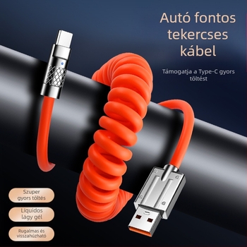 Autós adatkábel rugós teleszkópos kialakítással, 100W gyors töltés, Lightning és USB-C interfész, egyetlen vég, PVC anyagú