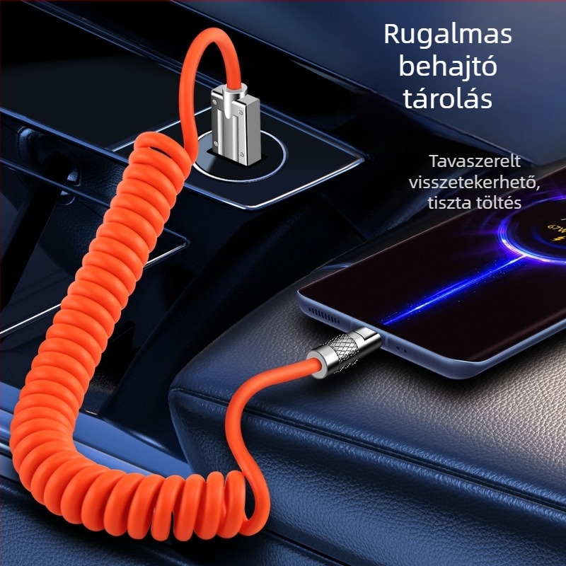 Autós adatkábel rugós teleszkópos kialakítással, 100W gyors töltés, Lightning és USB-C interfész, egyetlen vég, PVC anyagú