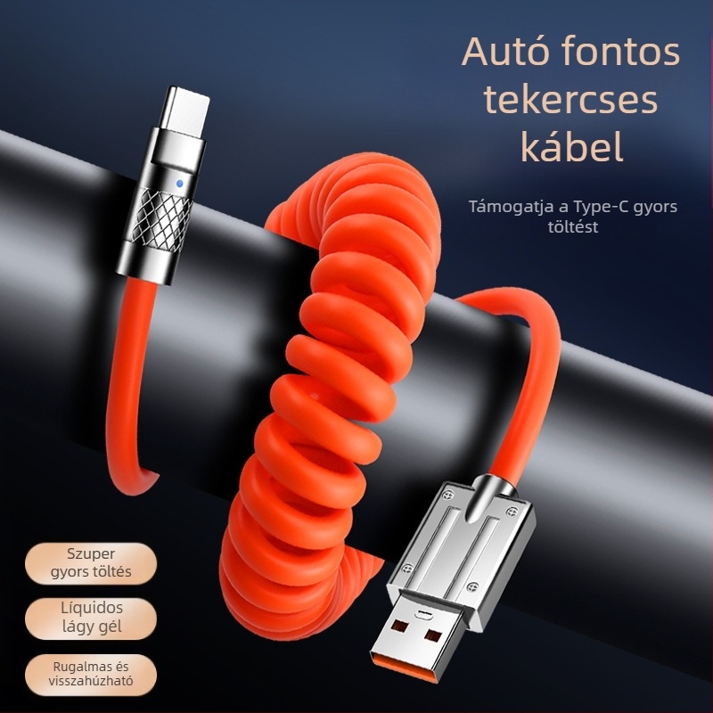 Autós adatkábel rugós teleszkópos kialakítással, 100W gyors töltés, Lightning és USB-C interfész, egyetlen vég, PVC anyagú