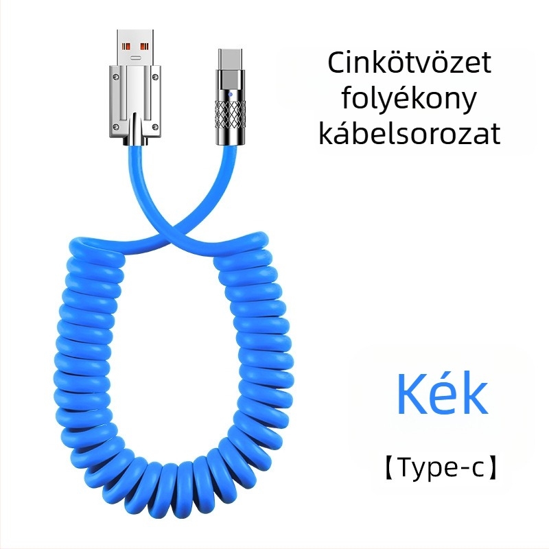 Autós adatkábel rugós teleszkópos kialakítással, 100W gyors töltés, Lightning és USB-C interfész, egyetlen vég, PVC anyagú