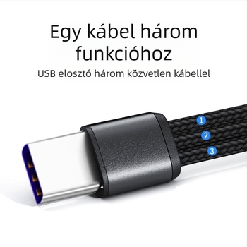 USB-C háromkimenetű gyorstöltő kábel, szövött kivitelben, 66W 5A, hossz: 1-2 m, csatlakozók: Lightning, Micro USB, USB-C