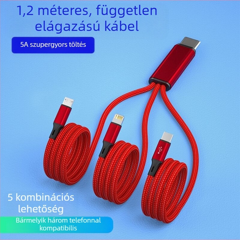 USB-C háromkimenetű gyorstöltő kábel, szövött kivitelben, 66W 5A, hossz: 1-2 m, csatlakozók: Lightning, Micro USB, USB-C