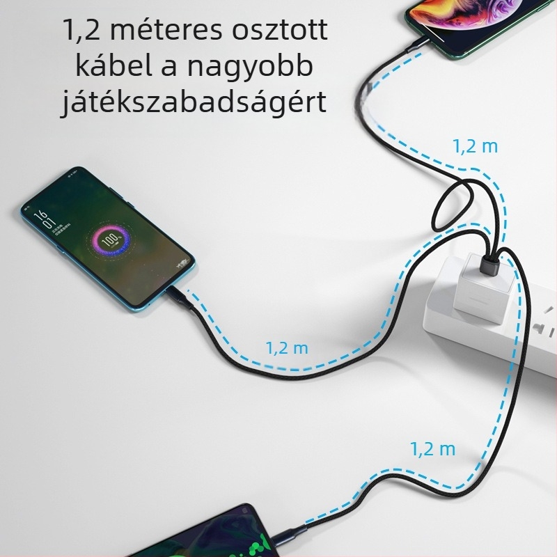 USB-C háromkimenetű gyorstöltő kábel, szövött kivitelben, 66W 5A, hossz: 1-2 m, csatlakozók: Lightning, Micro USB, USB-C