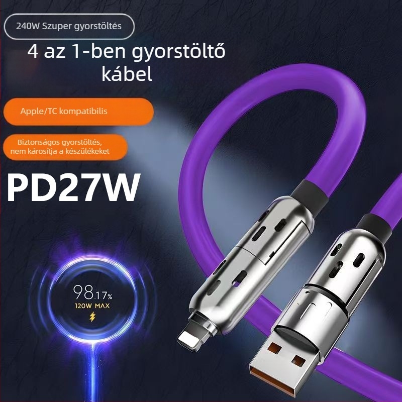 4-in-1 gyors töltés és adatátvitel kábel Lightning és USB-C csatlakozókkal, LED indikátorral