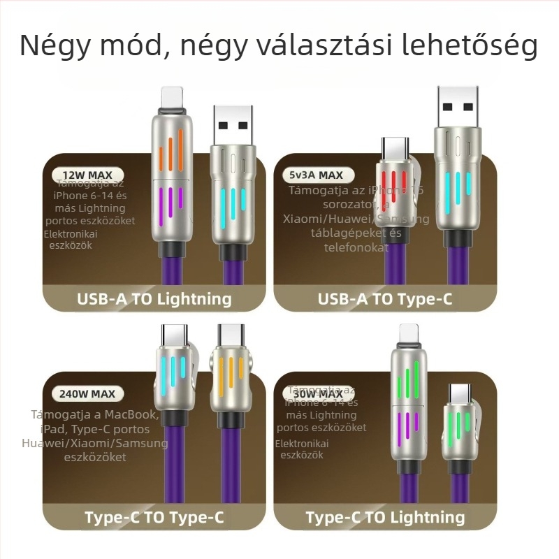 4-in-1 gyors töltés és adatátvitel kábel Lightning és USB-C csatlakozókkal, LED indikátorral