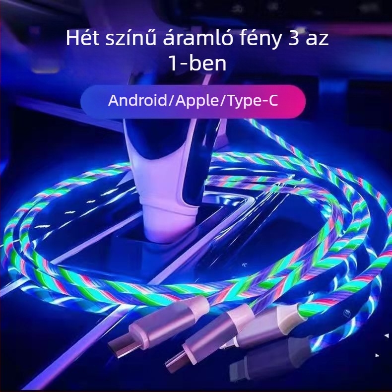 LED-es töltőkábel kapcsolóval, 3-in-1 USB-C/Micro USB/Lightning, Android, Huawei és Apple kompatibilis, legfeljebb 66 W