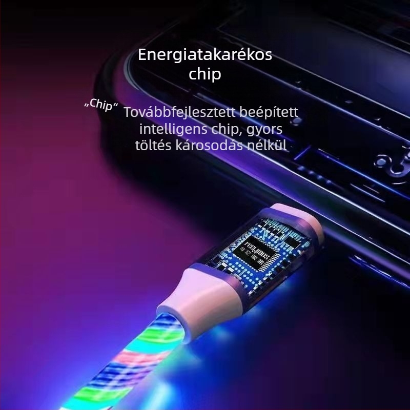 LED-es töltőkábel kapcsolóval, 3-in-1 USB-C/Micro USB/Lightning, Android, Huawei és Apple kompatibilis, legfeljebb 66 W