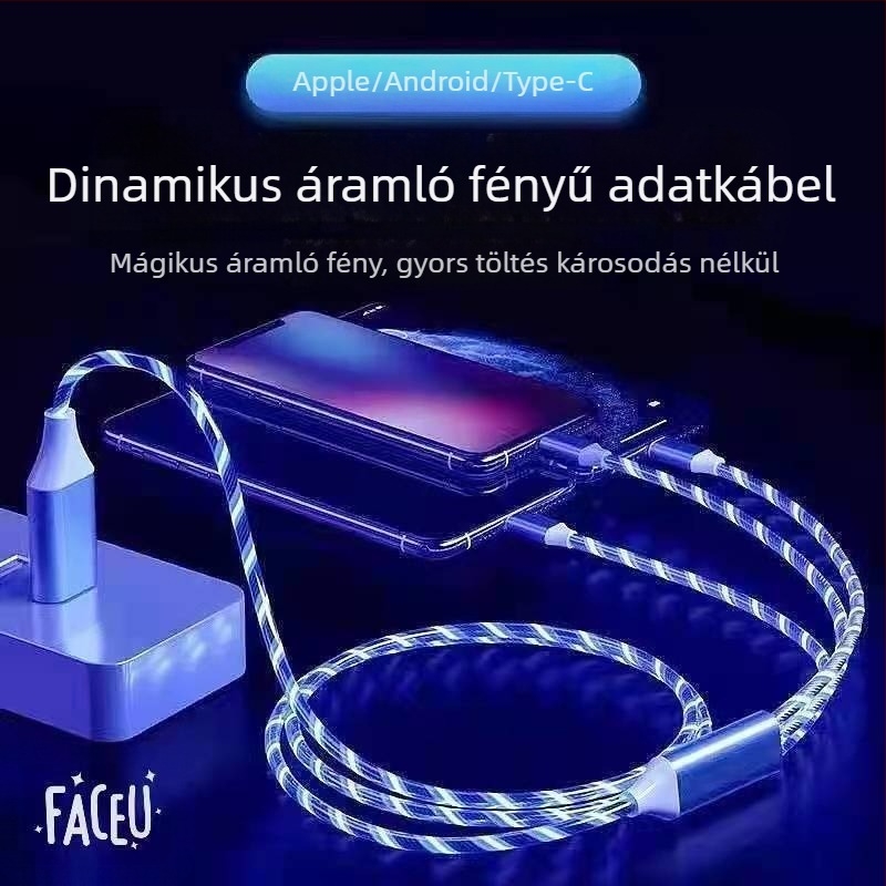 LED-es töltőkábel kapcsolóval, 3-in-1 USB-C/Micro USB/Lightning, Android, Huawei és Apple kompatibilis, legfeljebb 66 W