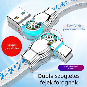 Type-C gyors töltésű adatkábel kettős elforítható könyökkel, kék-fehér porcelán minta, autóban használatra, kompatibil Android és Apple készülékekkel