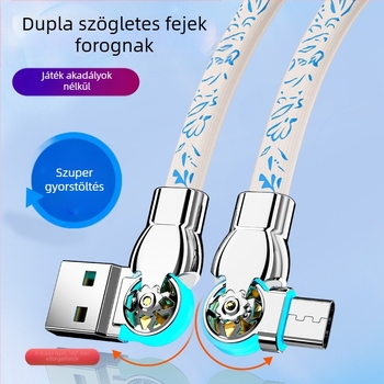Type-C gyors töltésű adatkábel kettős elforítható könyökkel, kék-fehér porcelán minta, autóban használatra, kompatibil Android és Apple készülékekkel