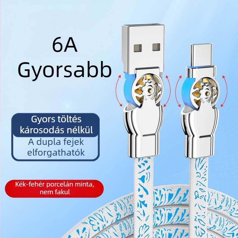 Type-C gyors töltésű adatkábel kettős elforítható könyökkel, kék-fehér porcelán minta, autóban használatra, kompatibil Android és Apple készülékekkel