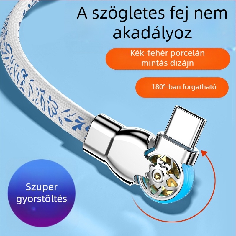 Type-C gyors töltésű adatkábel kettős elforítható könyökkel, kék-fehér porcelán minta, autóban használatra, kompatibil Android és Apple készülékekkel