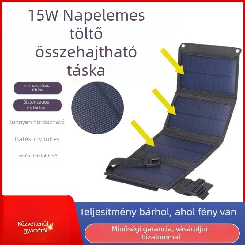 Összecsukható 15W-os napelemes töltő kültéri utazásokhoz – vízálló napelempanel
