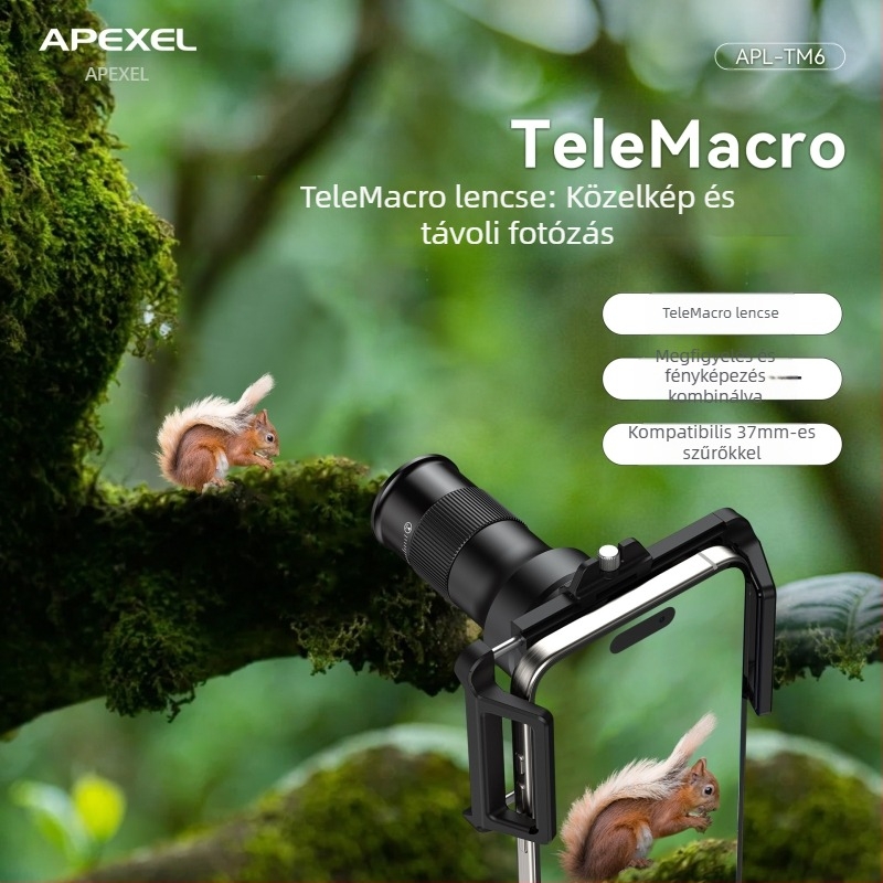 APEXEL TM6 okostelefon teleobjektív makró lencse, 6x nagyítás, 2-az-1-ben teleobjektív/makró, kompatibil 99%-os okostelefon-modellekkel (Apple, Oppo, OnePlus, Samsung, Huawei, Honor, Xiaomi); tömeg 131 g.
