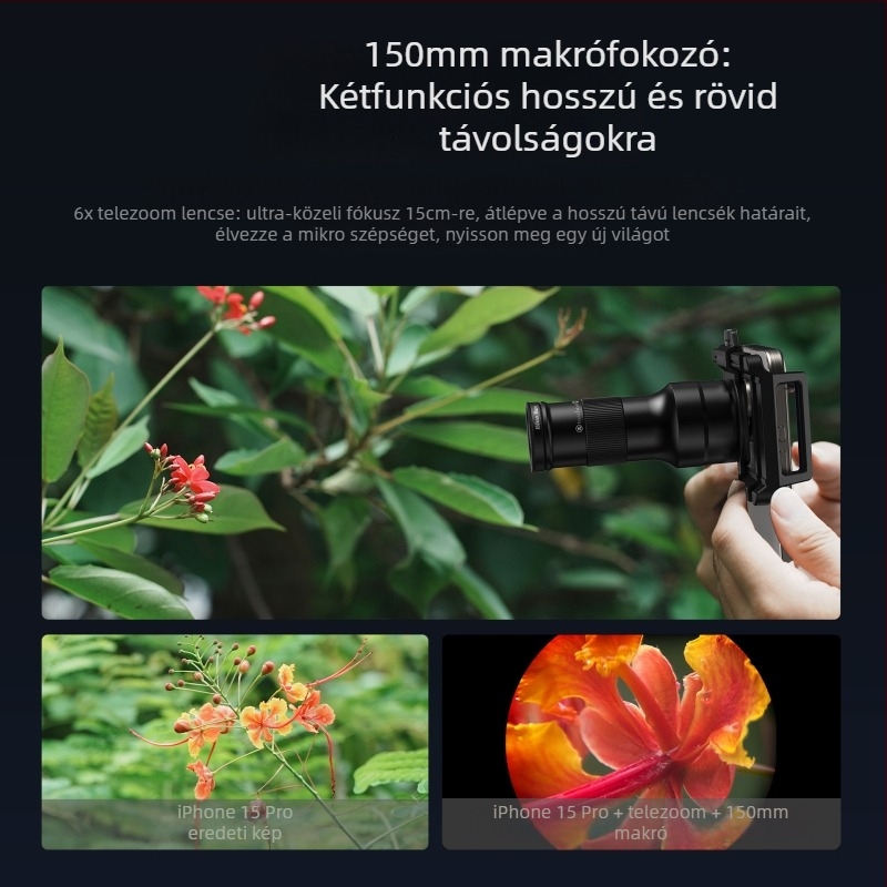 APEXEL TM6 okostelefon teleobjektív makró lencse, 6x nagyítás, 2-az-1-ben teleobjektív/makró, kompatibil 99%-os okostelefon-modellekkel (Apple, Oppo, OnePlus, Samsung, Huawei, Honor, Xiaomi); tömeg 131 g.