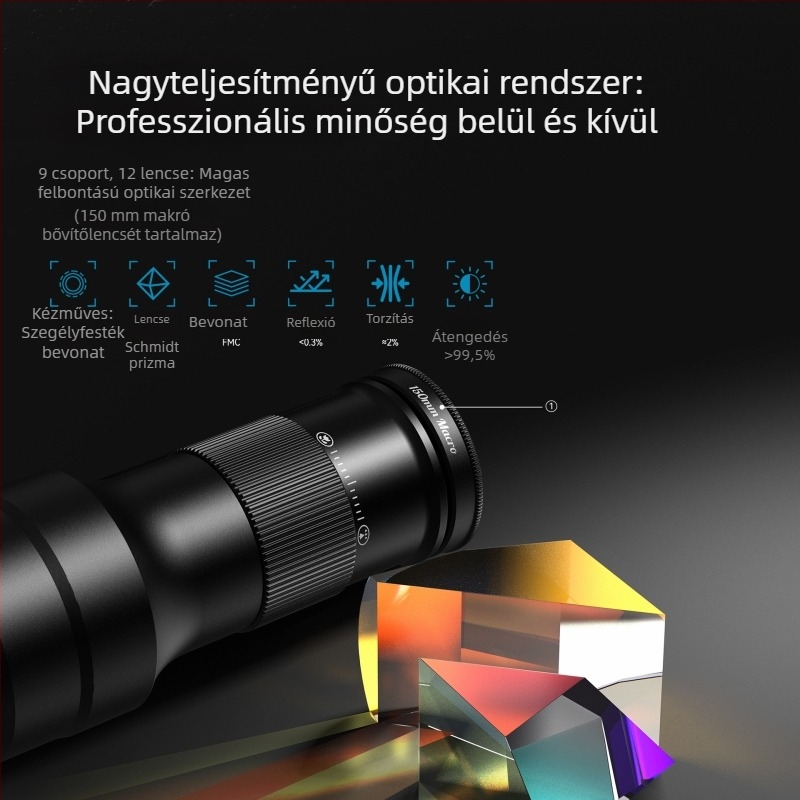 APEXEL TM6 okostelefon teleobjektív makró lencse, 6x nagyítás, 2-az-1-ben teleobjektív/makró, kompatibil 99%-os okostelefon-modellekkel (Apple, Oppo, OnePlus, Samsung, Huawei, Honor, Xiaomi); tömeg 131 g.