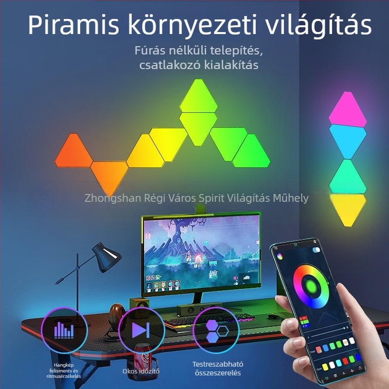Háromszög alakú kvantum környezeti világítópanel játékokhoz — App-vezérlés, USB 5V tápegység, falra szívó rögzítés, környezeti fény törlése, testreszabás támogatott
