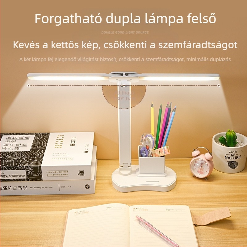 Kétfejű LED asztali lámpa USB töltéssel, összecsukható olvasáshoz, hangvezérlés, beépített Li-ion akkumulátor