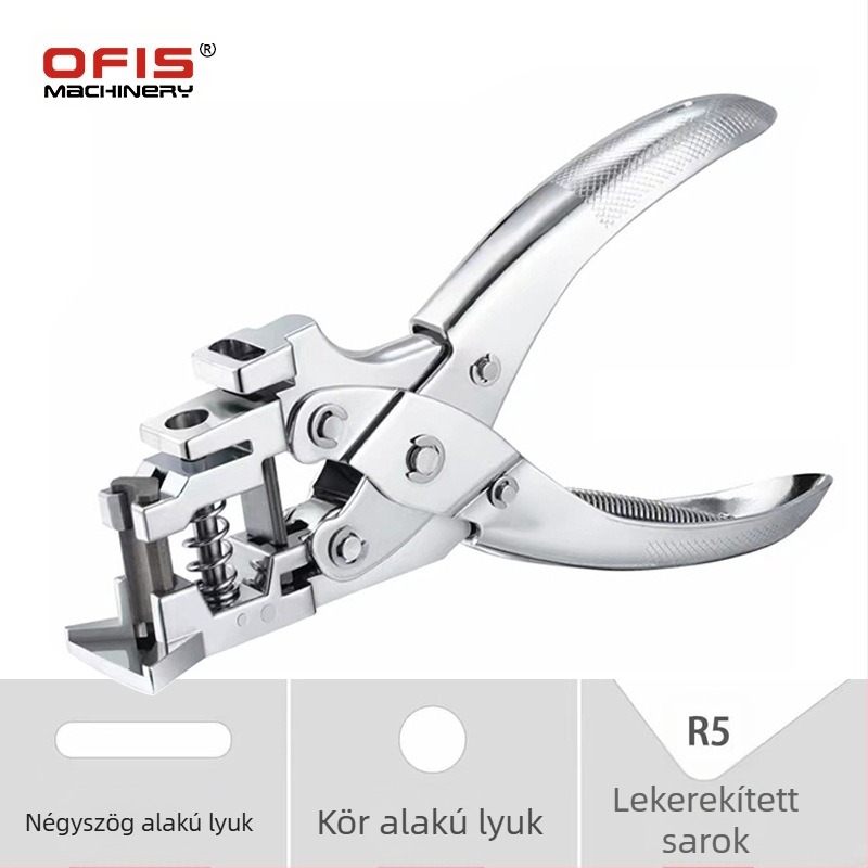 Kézi lyukasztó papírhoz és PVC-hez, asztali használat, fémtest, súly 0,5 kg, 3-in-1: körlyuk, lekerekített sarok, ovális