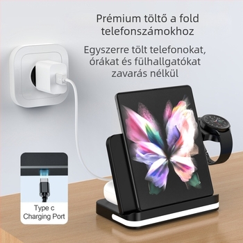 Összecsukható 3 az 1-ben vezeték nélküli töltő Samsung W23/W24 készülékekhez, levehető óratöltő, gyors töltés