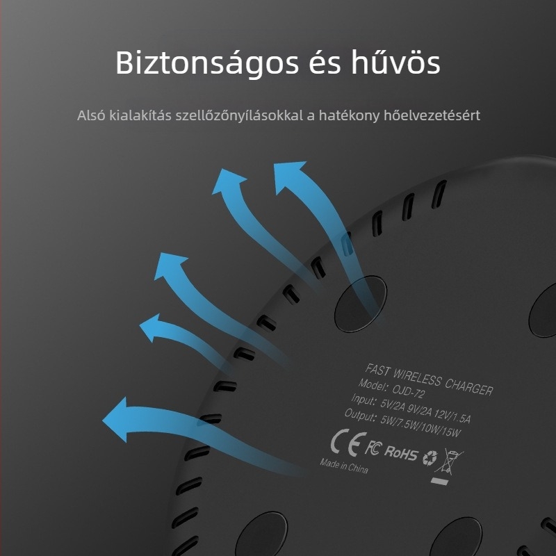 Apple és Huawei okostelefonokhoz vezeték nélküli töltő, asztali kör design, 15W, QC3.0, mágneses töltés nélküli