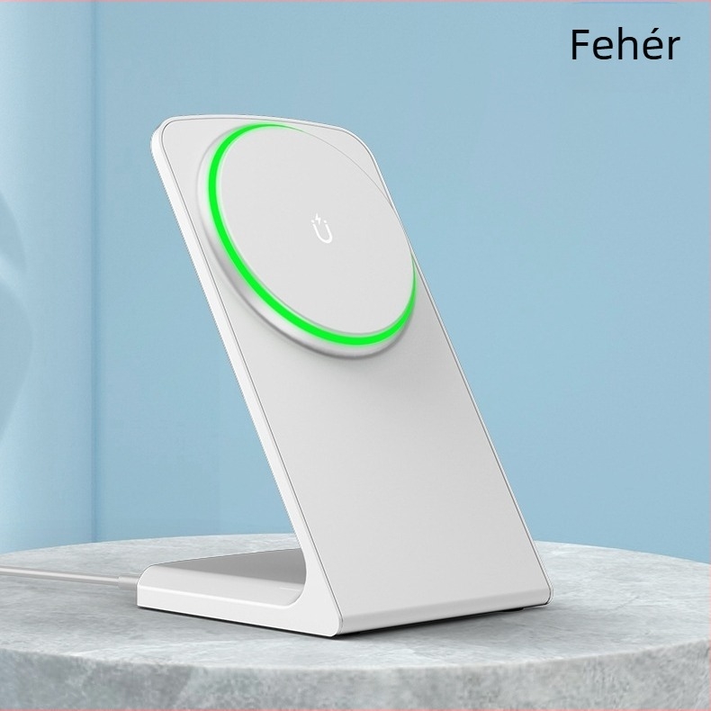iPhone mágneses vezeték nélküli töltő álló asztali tartóval, 15W max, 9V/2A kimenet, QC3.0 kompatibil, CE/FCC/ROHS tanúsított