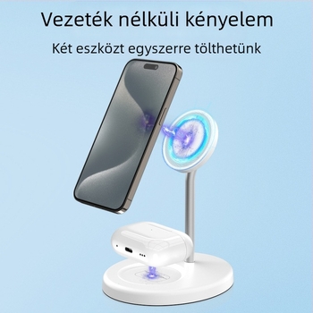 3-in-1 vezeték nélküli töltő alumínium ötvözetű mágneses tartóval, Apple-hoz, gyors töltés QC3.0. Maximális teljesítmény 15W, kimenet 2A, összteljesítmény 20W.