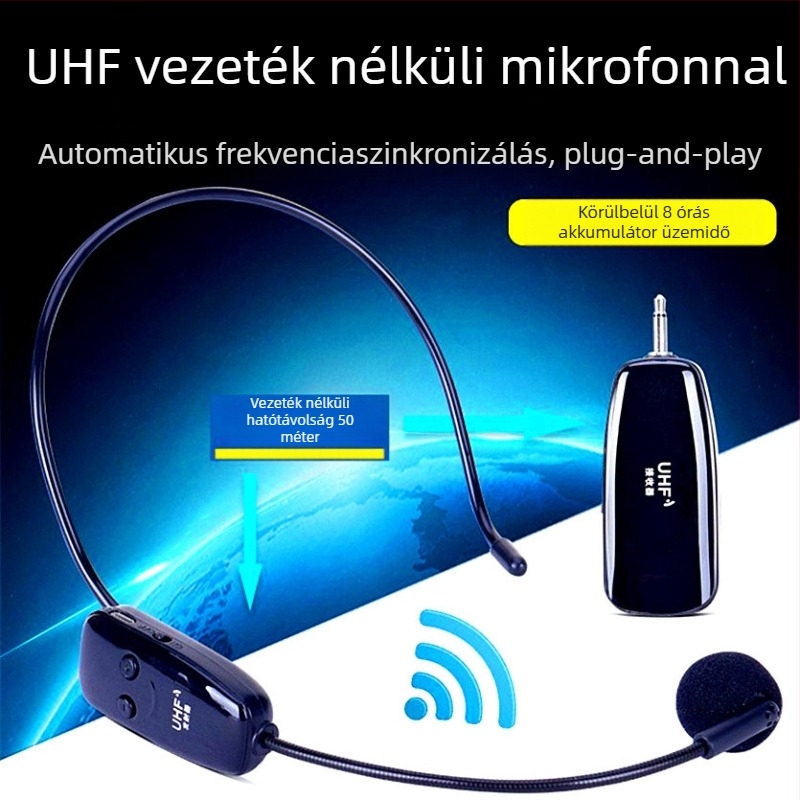 XYD02 UHF vezeték nélküli fejhallgató-mikrofon, szuperkardioid mintázat, beépített 300–500 mAh akkumulátor, 3–6 órás üzemidő
