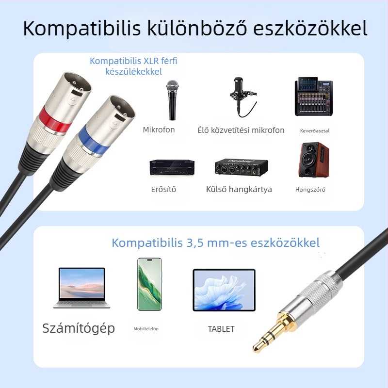 3,5 mm-es to 2×XLR audio kábel, rézmag, aranyozott csatlakozók, RoHS tanúsított