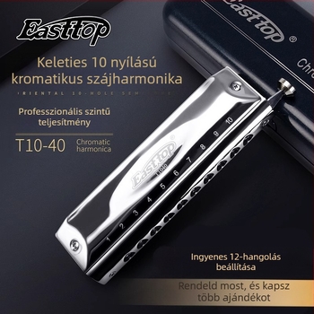 Chromatikus harmónika kezdőknek, 10 rés, modell T1040, fél-skála, krómozott réz fedél (10 rés, fél-skála, modell T1040, krómozott réz fedél)