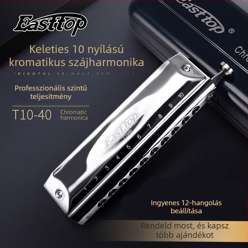 Chromatikus harmónika kezdőknek, 10 rés, modell T1040, fél-skála, krómozott réz fedél (10 rés, fél-skála, modell T1040, krómozott réz fedél)