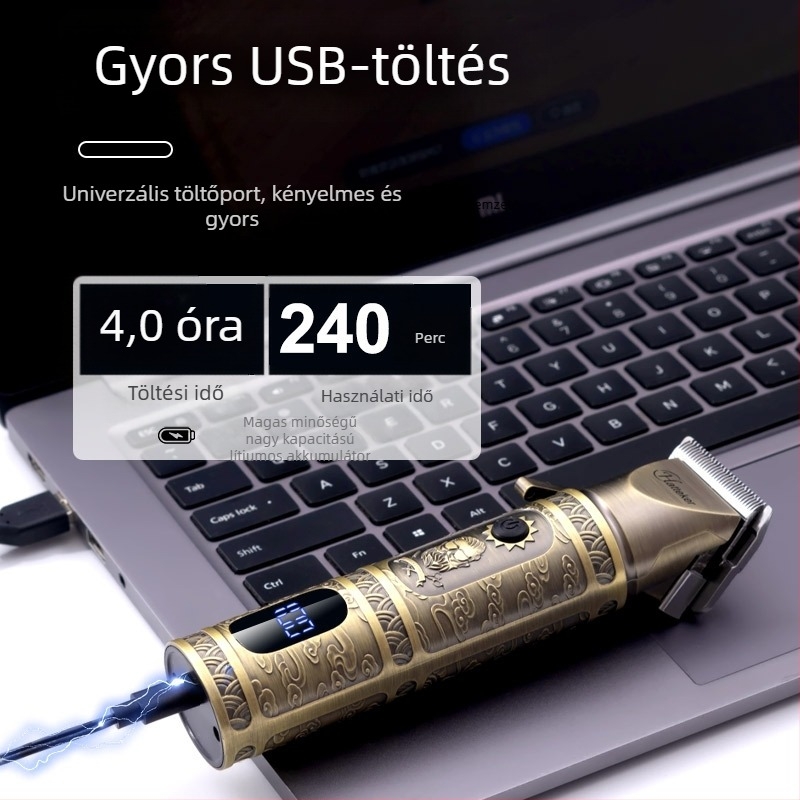 Elektromos hajvágó készülék kefés motorral, rozsdamentes acél pengével, beépített akkumulátor 2000–4000 mAh, üzemidő 3–6 óra