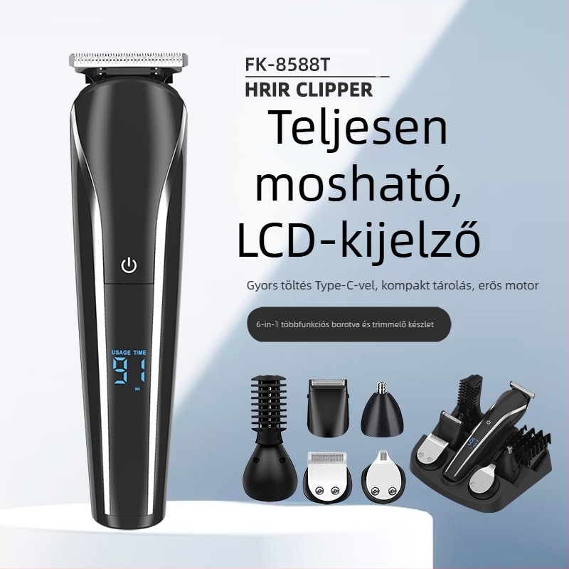Hat in 1 funkciós elektromos hajvágó LCD kijelzővel; ABS műanyag ház; tartalmaz formázó ollókat, szemöldök-trimmert és borotvaszett