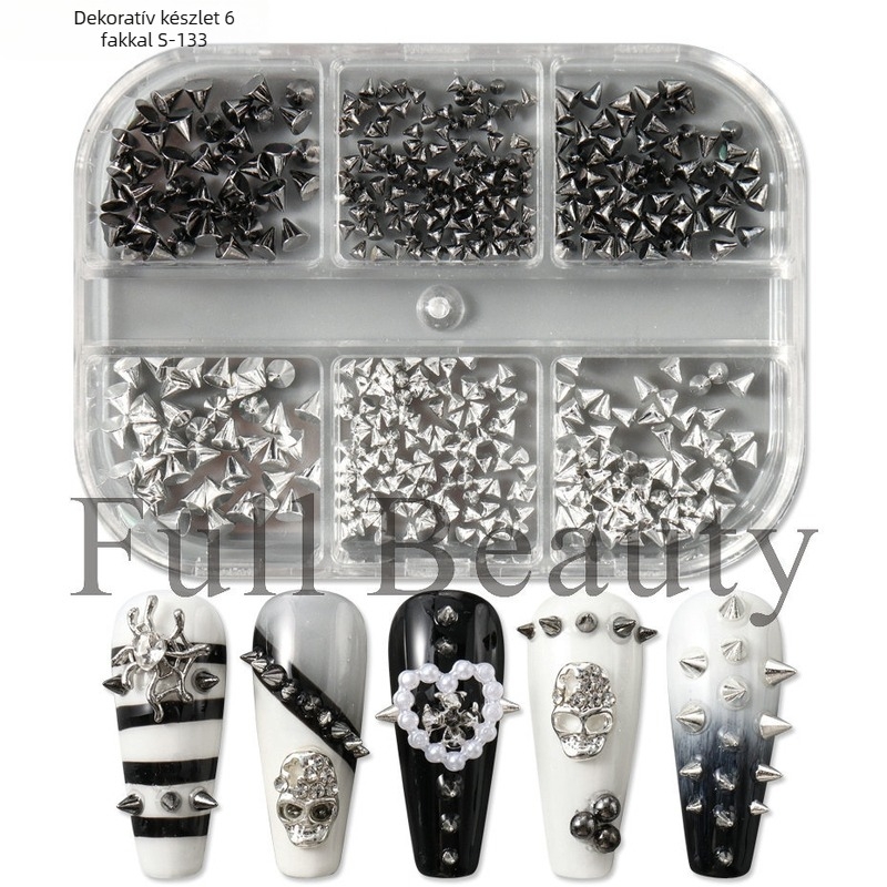 Nail art szegecs készlet, 6 rekeszes doboz, gömbfejű szegecsek, punk stílus, metal